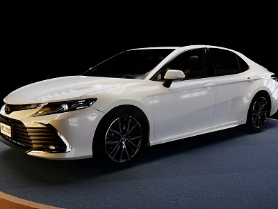 White Toyota Camry Sedan on Blue Display Stand with Black Background 3d model