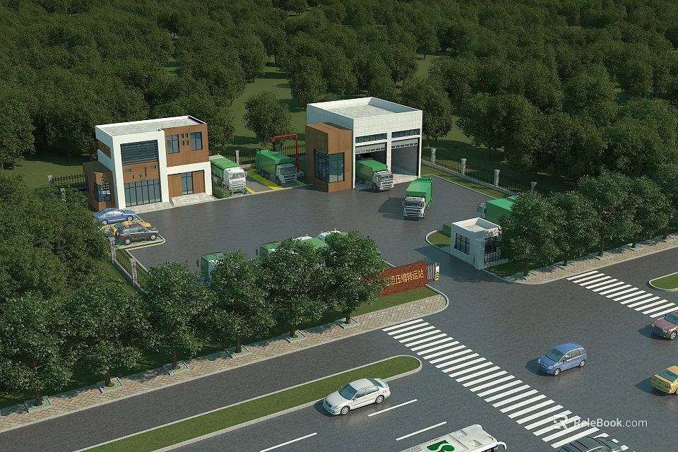 School Buildings on Campus Surrounded by Green Trees With Parking Area Entrance and Road 3d model 