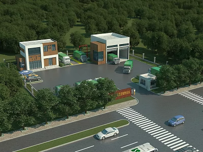 School Buildings on Campus Surrounded by Green Trees With Parking Area Entrance and Road 3d model