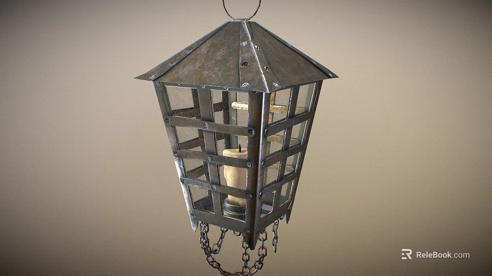 Vintage Metal Chandelier with Hexagonal Top and Lattice Design Featuring Candle Inside and Chain Bottom 3d model 