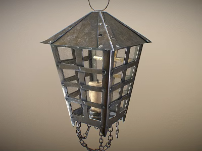 Vintage Metal Chandelier with Hexagonal Top and Lattice Design Featuring Candle Inside and Chain Bottom 3d model