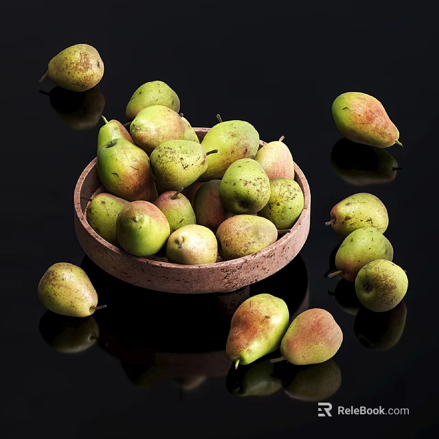 Fresh Ripe Pears in Wooden Bowl with Scattered Ones on Black Background 3d model 