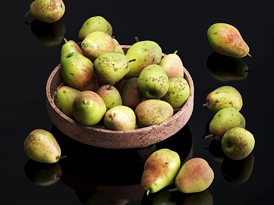Fresh Ripe Pears in Wooden Bowl with Scattered Ones on Black Background 3d model