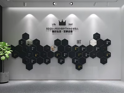 White Interior Background Wall With Black Hexagonal Decorations Text Elements Spotlight And Green Plant 3d model