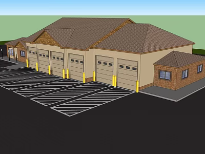 Fire Station Exterior Design With Multiple Garage Doors Brown Roof And Parking Lot 3d model
