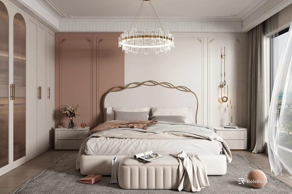 Modern Bedroom Interior Design With Crystal Chandelier Gold Headboard Beige Bedding Nightstands Vase And Flowers 3d model 