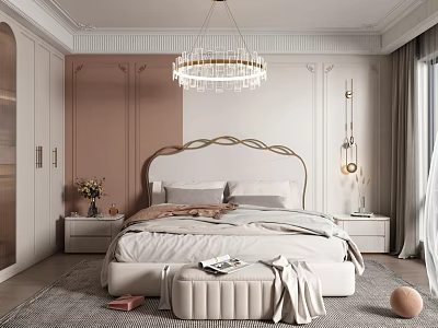 Modern Bedroom Interior Design With Crystal Chandelier Gold Headboard Beige Bedding Nightstands Vase And Flowers 3d model