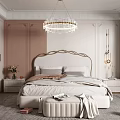 Modern Bedroom Interior Design With Crystal Chandelier Gold Headboard Beige Bedding Nightstands Vase And Flowers