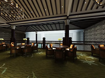 Elegant Clubhouse Interior With Wooden Ceiling Chandeliers Round Tables And Green Carpet 3d model