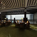 Elegant Clubhouse Interior With Wooden Ceiling Chandeliers Round Tables And Green Carpet