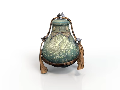 Exquisite Green Sculpted Vase With Gold Patterns And Braided Tassel Straps 3d model