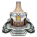 Cartoon Scene Of A Cottage With Stone Roof Arch Window Wooden Door And Stone Steps