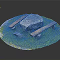 Outdoor Scenic Setting With Circular Grassy Area Large Stone Table And Wooden Benches