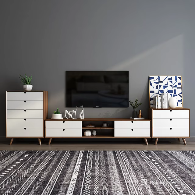 Modern White And Wooden TV Stand With Drawers Open Shelves And Decorative Plants Artwork 3d model 