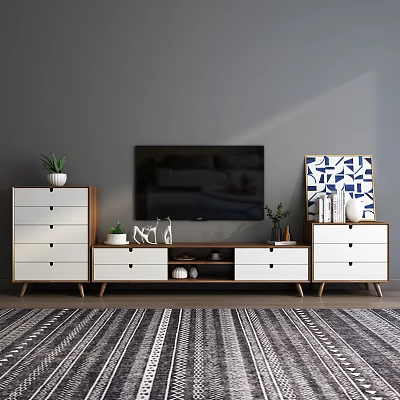 Modern White And Wooden TV Stand With Drawers Open Shelves And Decorative Plants Artwork 3d model