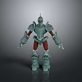Man Like Mechanical Robot With Blue Green Armor And Red Legs Standing