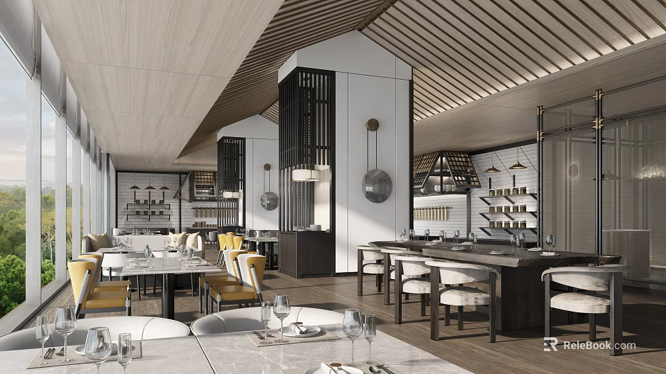 Modern Restaurant Interior With Striped Wooden Ceiling Yellow Chairs And Bar Counter 3d model 