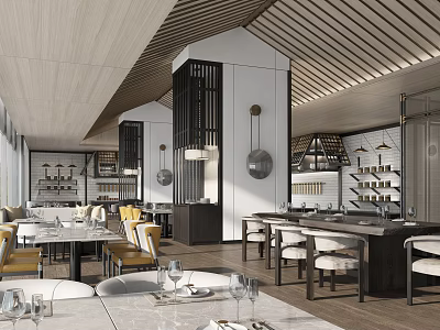 Modern Restaurant Interior With Striped Wooden Ceiling Yellow Chairs And Bar Counter 3d model