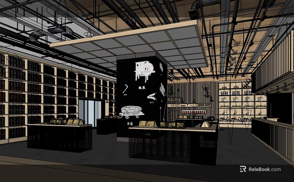 Modern Retail Store Interior With Shelves Display Counters And Central Black Structure 3d model 
