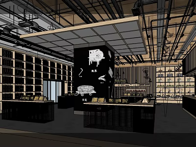 Modern Retail Store Interior With Shelves Display Counters And Central Black Structure 3d model