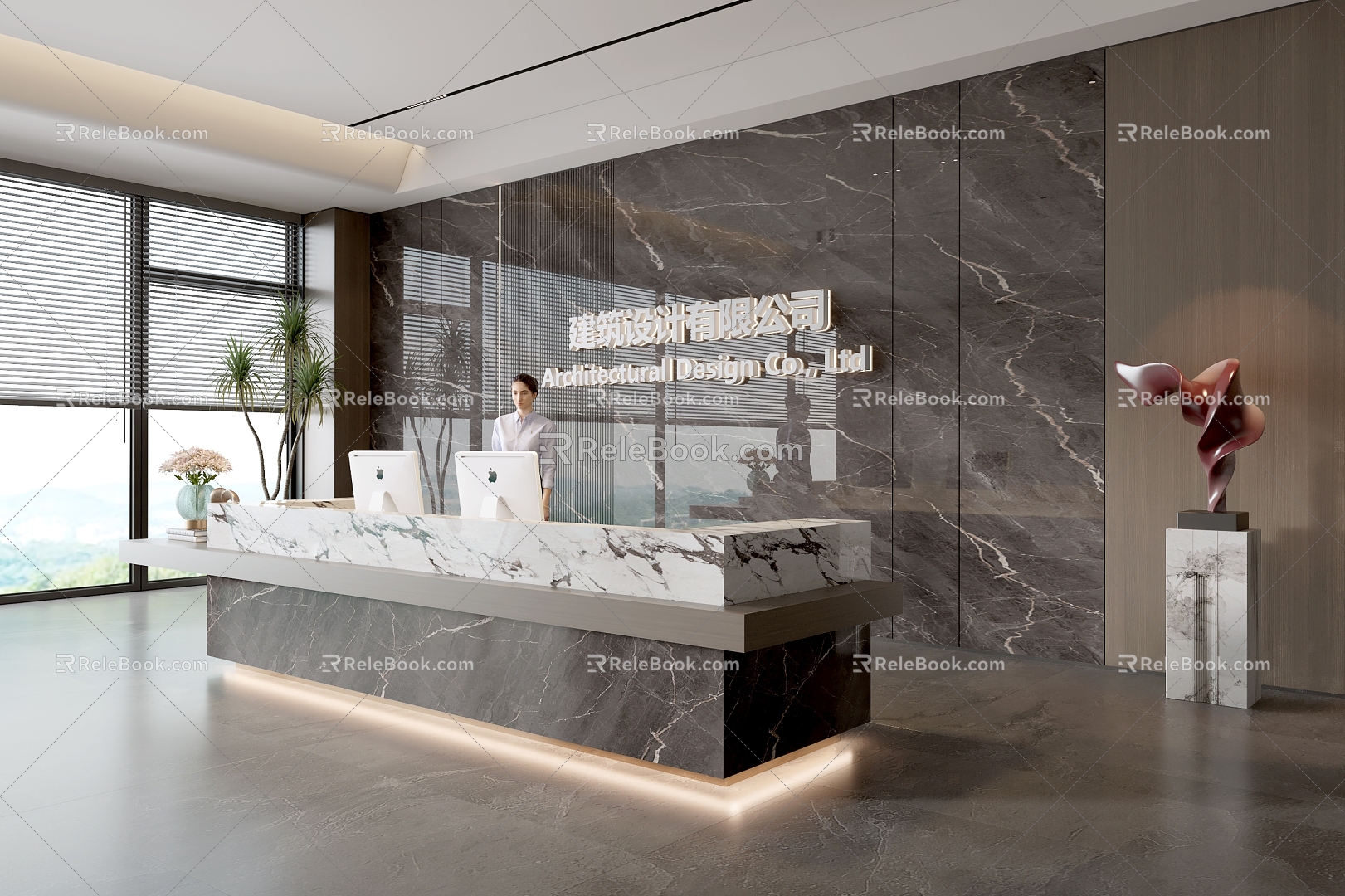 Modern company front desk background wall reception area bar desk reception desk hall simple lobby model