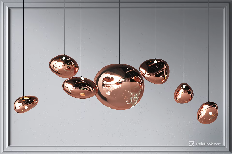Multiple Copper Colored Spherical Chandeliers Hanging As Stylish Modern Interior Decor 3d model 