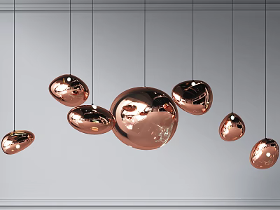 Multiple Copper Colored Spherical Chandeliers Hanging As Stylish Modern Interior Decor 3d model