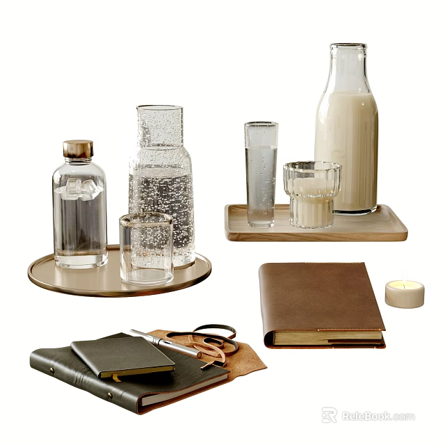 Decorative Accessory Set with Glass Vases Bottles Trays Notebooks Scissors and Candle 3d model 