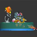Colorful Cartoon Scene With Blue Character On Yellow Float Holding Drink And Orange Fish