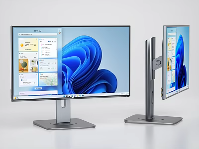Sleek Dual Computer Monitors With Modern Stand Displaying Digital Interface And Blue Wave Design 3d model