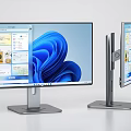 Sleek Dual Computer Monitors With Modern Stand Displaying Digital Interface And Blue Wave Design