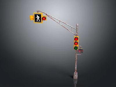 Rusty Metal Traffic Light Pole With Pedestrian Crossing Sign Against Gray Background 3d model
