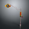 Rusty Metal Traffic Light Pole With Pedestrian Crossing Sign Against Gray Background