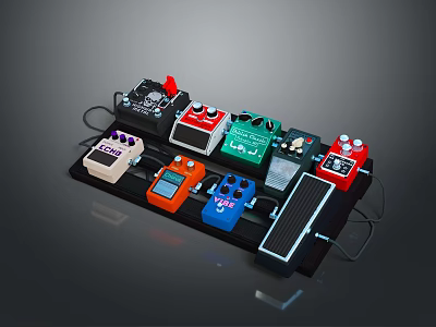 Guitar Effects Pedals In Various Colors Arranged On Black Pedalboard With Cables 3d model