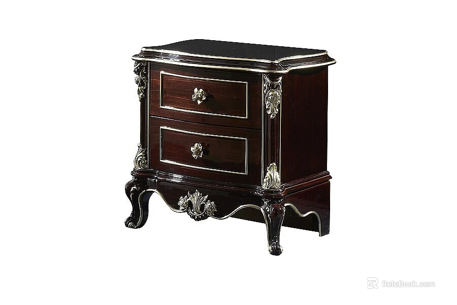 Classic Style Dark Brown Wood Nightstand With Carved Details And Golden Handles 3d model 