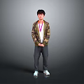 Man in Camouflage Jacket With Lanyard Standing Against Gray Background Hands Crossed
