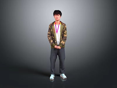Man in Camouflage Jacket With Lanyard Standing Against Gray Background Hands Crossed 3d model