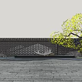 Brick Feature Wall With Hollow Patterns And Yellow Flowering Tree By Stone Pavement 3d model