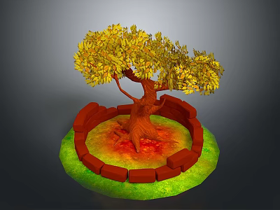 Yellow Leaved Tree With Red Brick Circular Wall And Green Grass Base 3d model