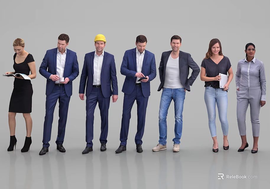 Group of Diverse People Standing Together in Different Outfits Holding Documents 3d model 