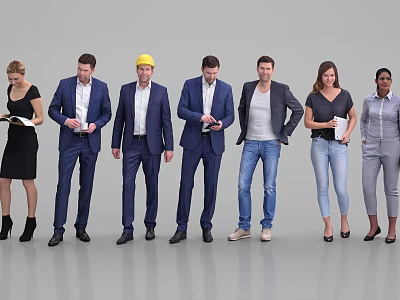 Group of Diverse People Standing Together in Different Outfits Holding Documents 3d model