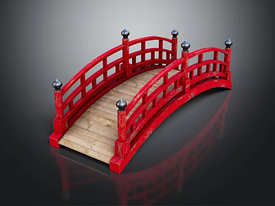 Red Arch Bridge With Red Railings Black Spherical Finials And Wooden Deck 3d model