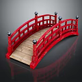 Red Arch Bridge With Red Railings Black Spherical Finials And Wooden Deck