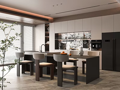 Modern Restaurant Kitchen Interior Design With Open Island Counter Stools And Cabinets 3d model