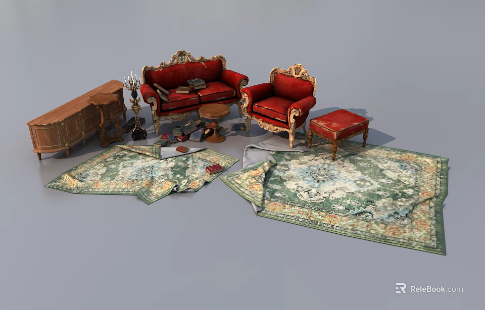 Ornate Red Leisure Sofa Set With Armchair Ottoman Coffee Table And Decorative Rugs 3d model 