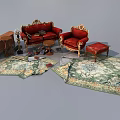 Ornate Red Leisure Sofa Set With Armchair Ottoman Coffee Table And Decorative Rugs
