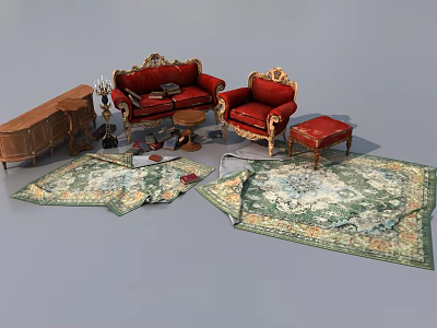 Ornate Red Leisure Sofa Set With Armchair Ottoman Coffee Table And Decorative Rugs 3d model