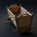 Vintage Wooden Rocking Baby Crib With Striped Blanket And Classic Design
