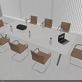 White Conference Table In Minimalist Room With Brown Chairs Water Bottles Laptop And Black Projector