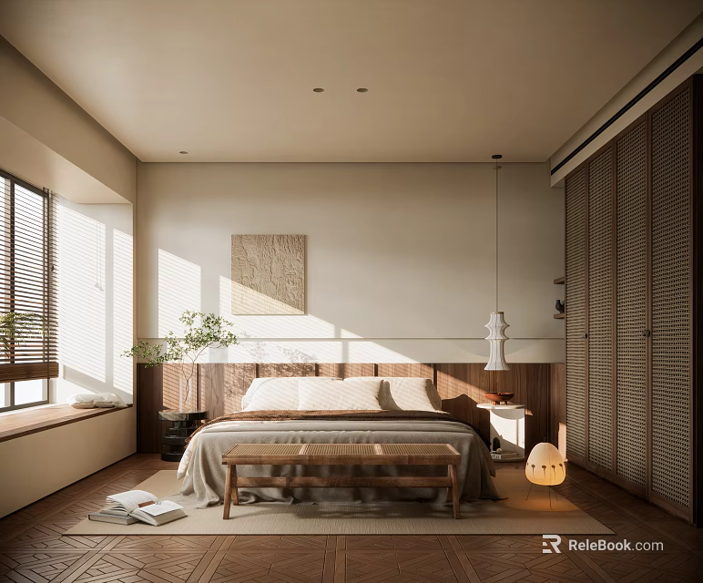 Modern Bedroom Interior With Natural Light Wooden Headboard Bench Decorative Painting And Floor Lamp 3d model 